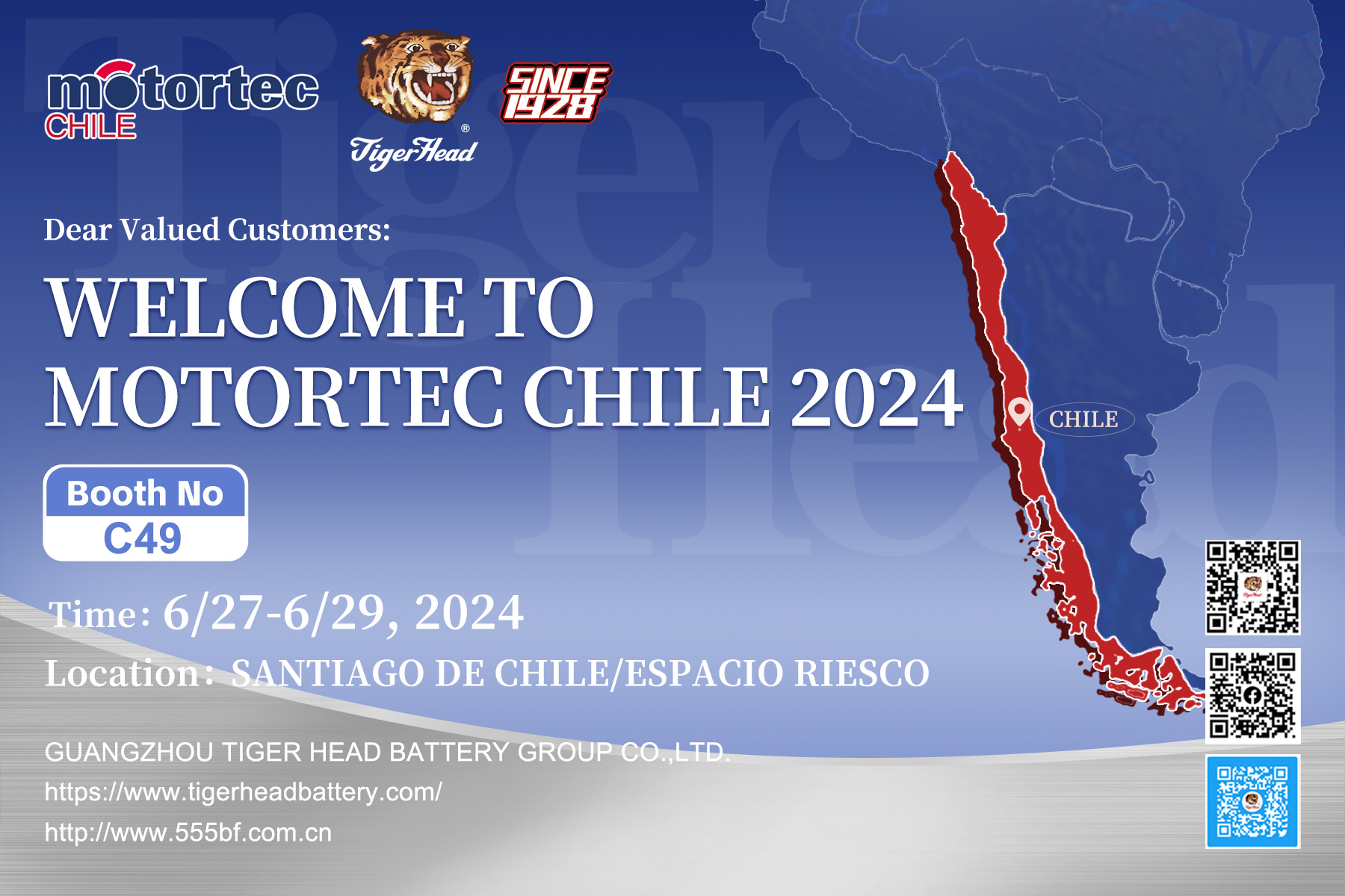 Invitación a exposición Tiger Head Battery en Motortec Chile 2024