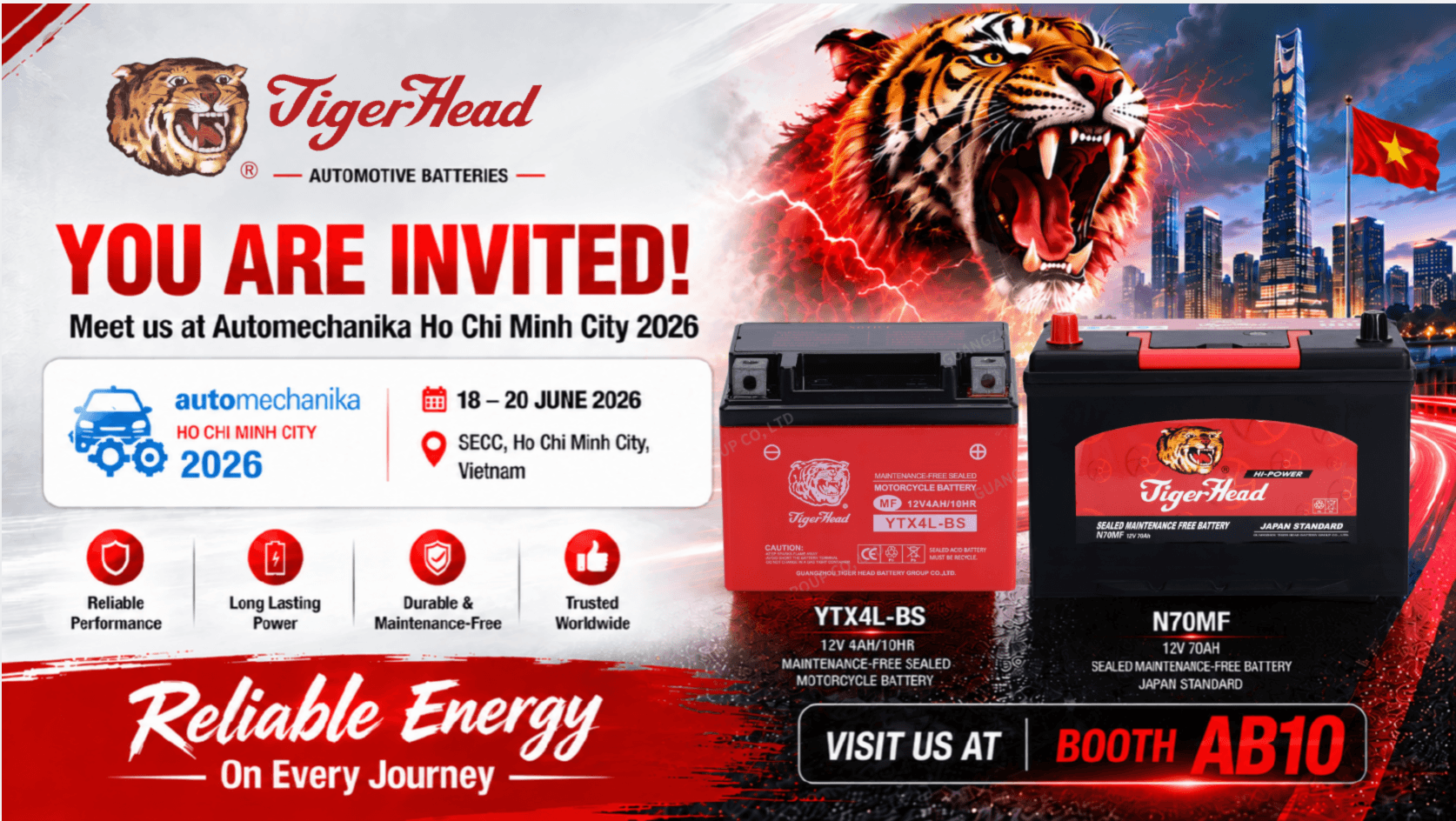 Tiger Head Battery Group presenta sus soluciones de energía para automóviles en Automechanika Ho Chi Minh City 2026.